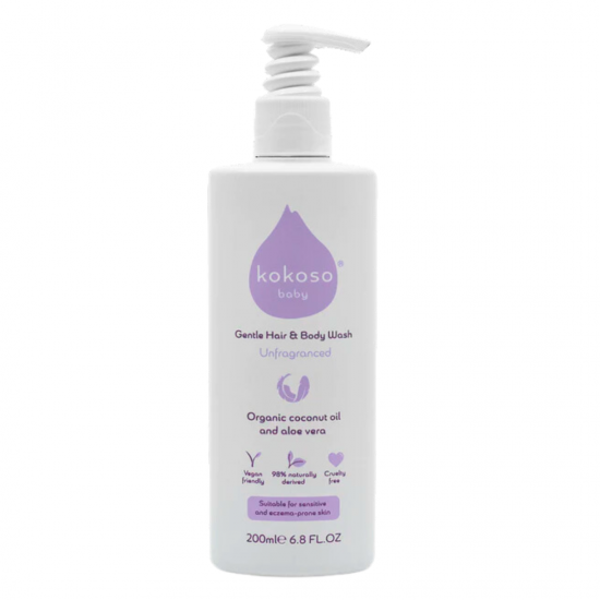KOKOSO BABY kūno ir plaukų prausiklis vaikams, Be kvapo, 200 ml.