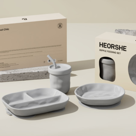 Pilki silikoniniai indai kūdikiams – HEORSHE RIPPLE, lengvai valomi, šiuolaikiški