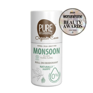 PURE BEGINNINGS rutulinis dezodorantas MONSOON. Ekologiškas, be aliuminio, su Ylang Ylang, pačiulių ir rožių pelargonijų kvapu.