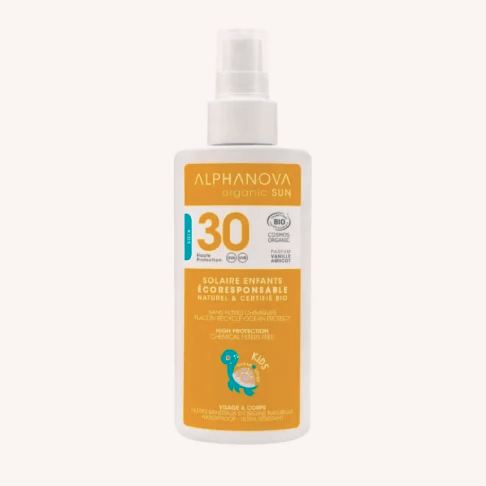 ALPHANOVA SUN vanilės ir abrikosų purškiamas apsauginis kremas nuo saulės vaikams SPF30, 125 ml