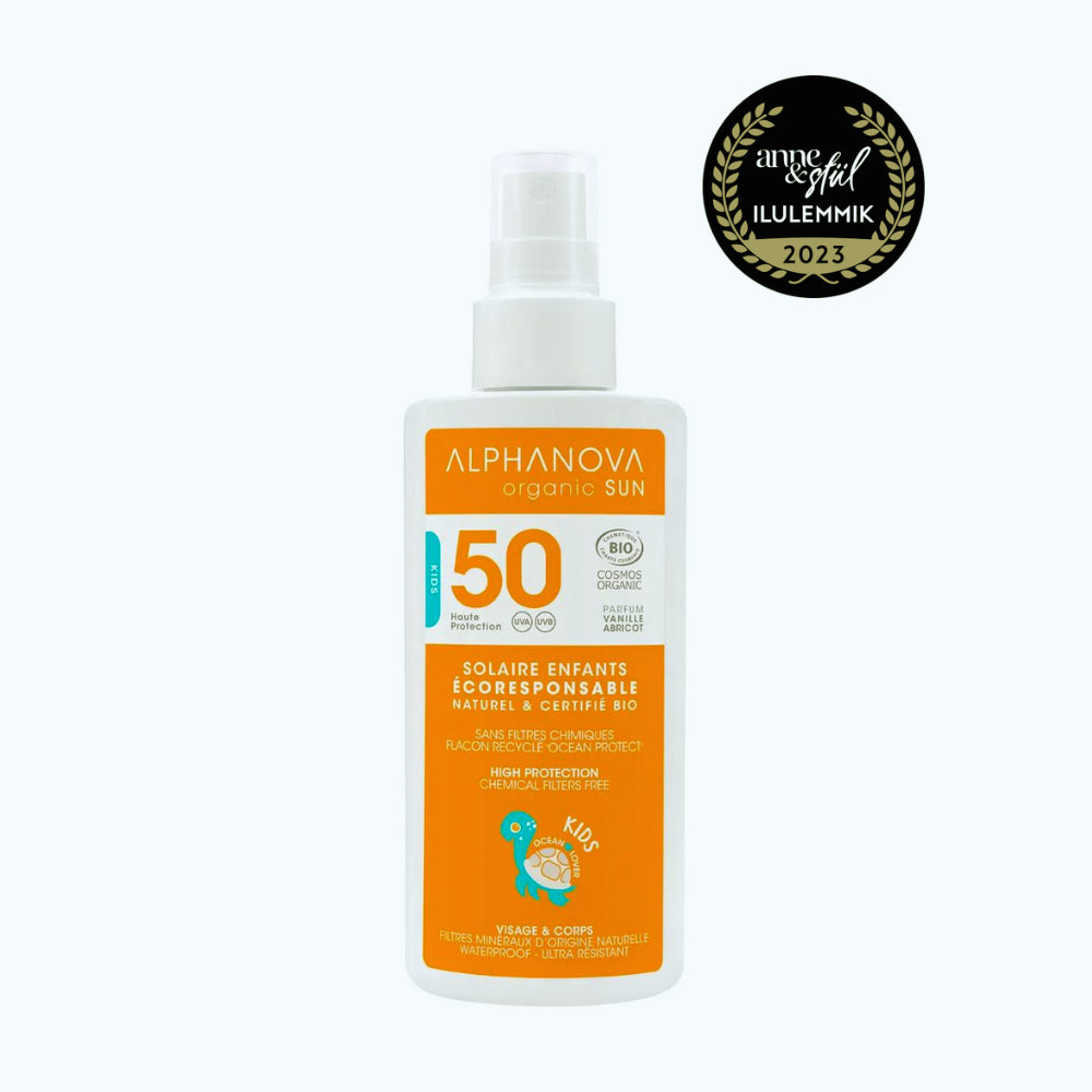 ALPHANOVA SUN vanilės ir abrikosų purškiamas apsauginis kremas nuo saulės vaikams SPF50, 125 ml
