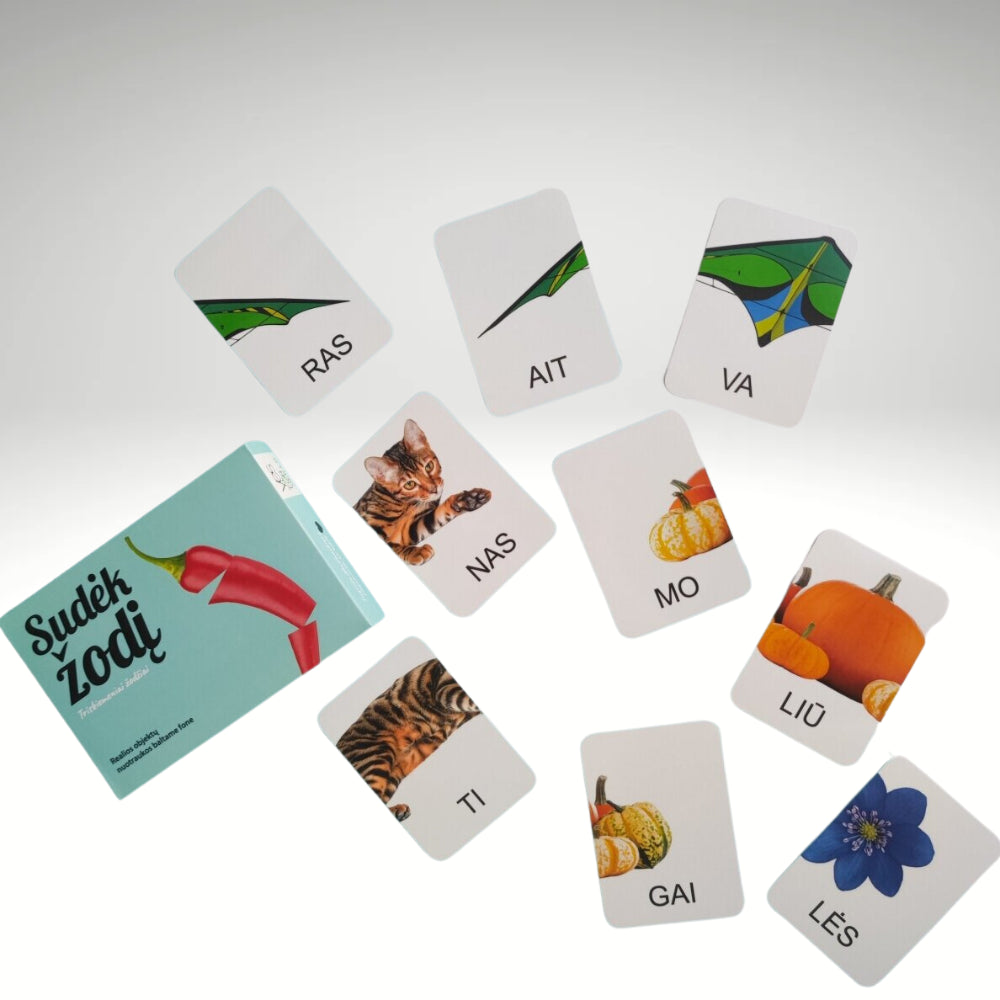 YES FOR SKILLS skaitymo kortelės „Sudėk žodį.Triskiemeniai žodžiai“