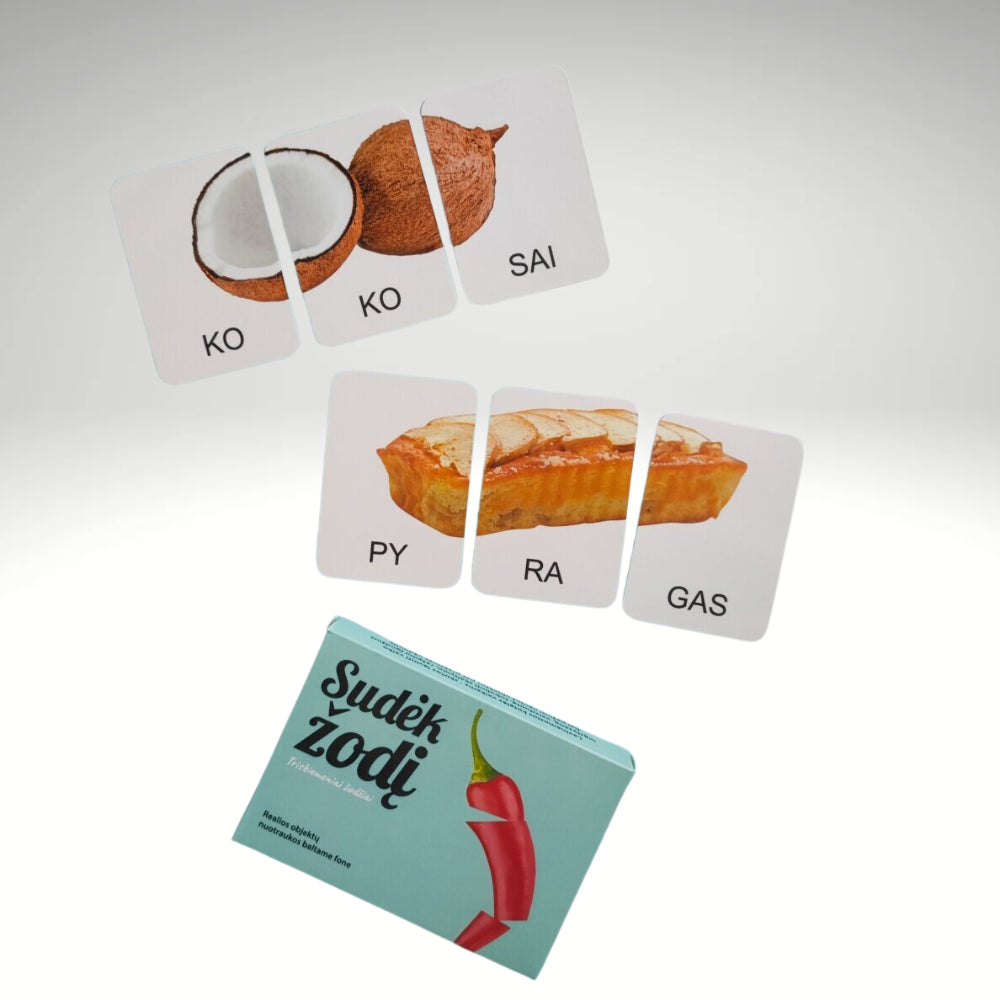 YES FOR SKILLS skaitymo kortelės „Sudėk žodį.Triskiemeniai žodžiai“