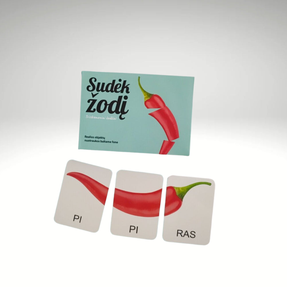 YES FOR SKILLS skaitymo kortelės „Sudėk žodį.Triskiemeniai žodžiai“