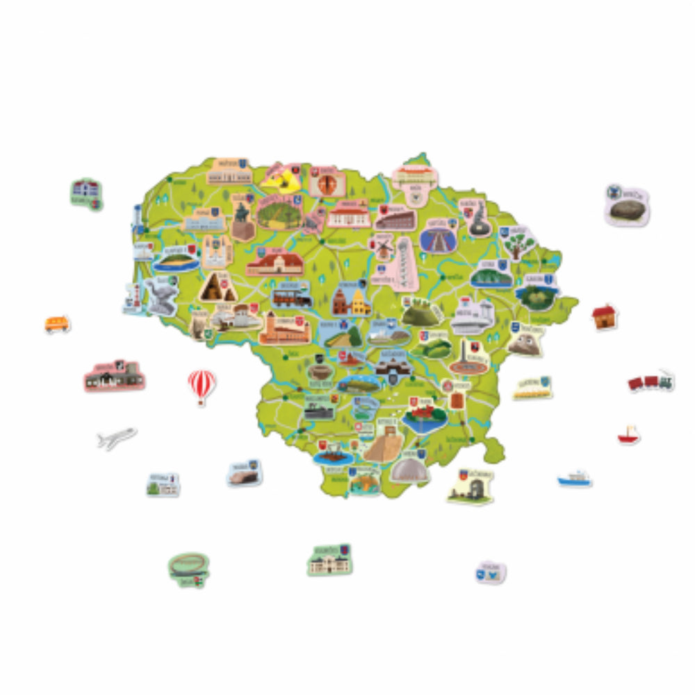 YES FOR SKILLS Lietuvos žemėlapis ,,Pažink Lietuvą“ su daugkartinio naudojimo lipdukais (miestų simboliais ir herbais)