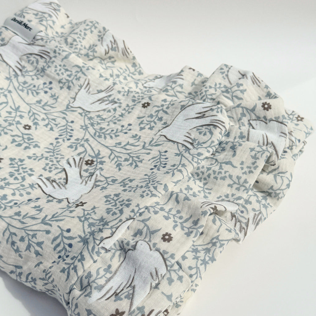 DANI&MARC muslino pledas vaikams, 100x130, balta/paukščiai