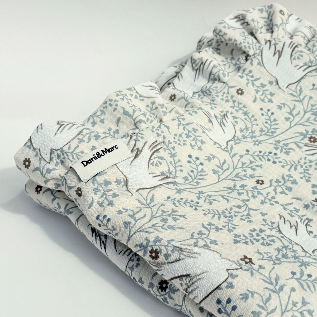 DANI&MARC muslino pledas vaikams, 100x130, balta/paukščiai