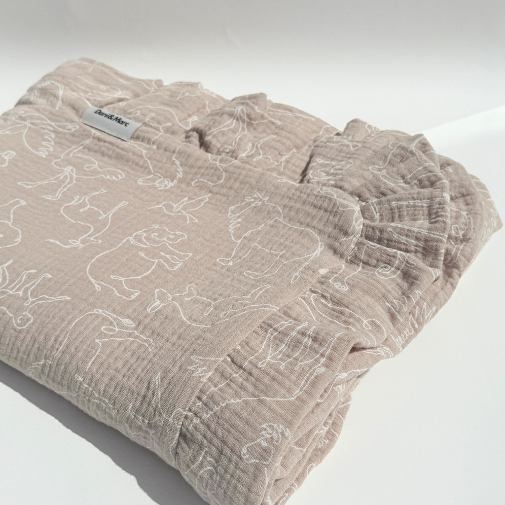 DANI&MARC muslino pledas vaikams, 100x130, smėlinė/gyvūnai