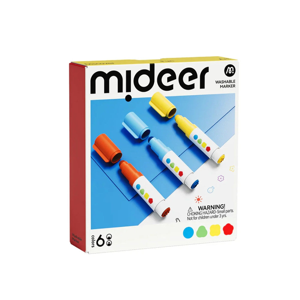 MIDEER dvipusiai nuplaunami markeriai , apvalus galas ir antspaudas, 6 spalvos
