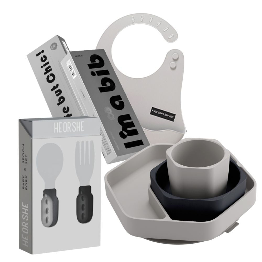 HEORSHE silikoninių indų ir įrankių rinkinys kūdikiui (pilkas, su seilinuku)