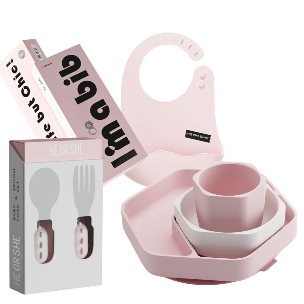 HEORSHE silikoninių indų ir įrankių rinkinys kūdikiui (rožinis, su seilinuku)