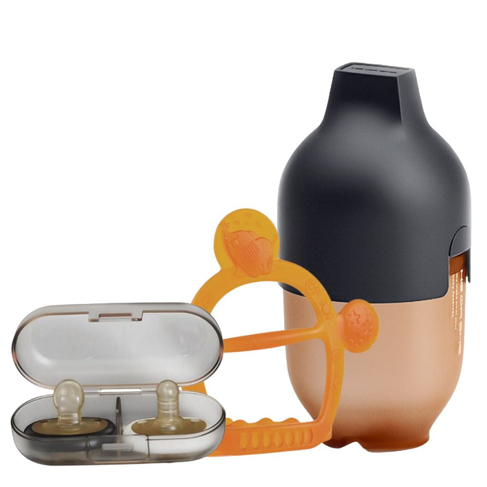 HEORSHE „Starter Pack“: Ultra Wide buteliukas (juodas, 240ml), kramtukas-apyrankė ir čiulptukų rinkinys