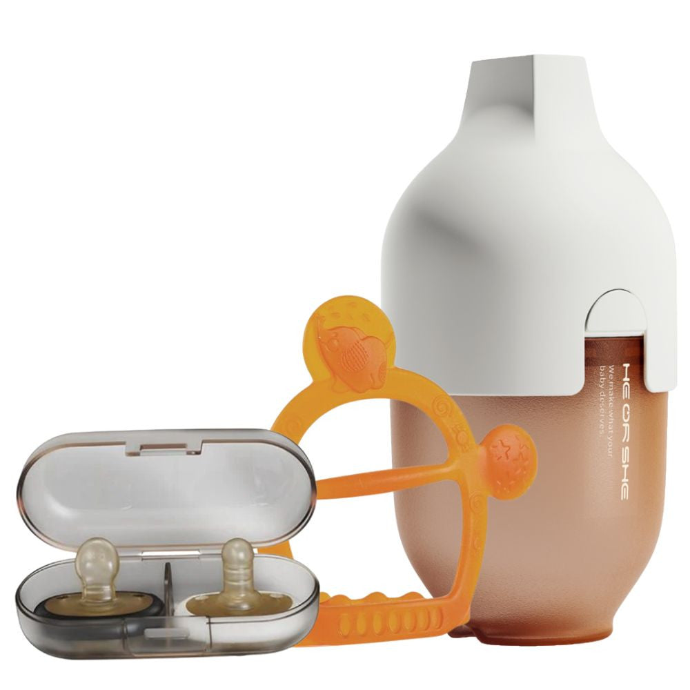 HEORSHE „Starter Pack“: Ultra Wide buteliukas (baltas, 240ml), kramtukas-apyrankė ir čiulptukų rinkinys