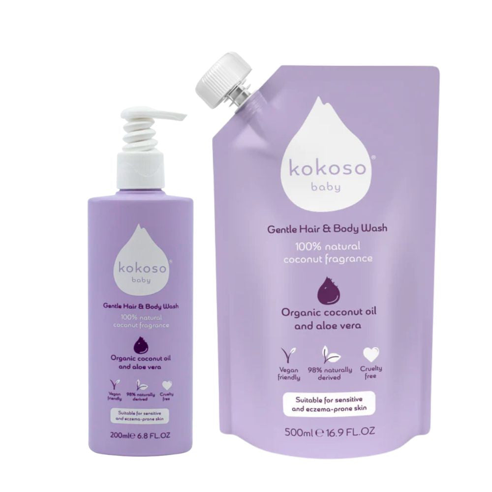 KOKOSO BABY kūno ir plaukų prausiklis su kokosų kvapu vaikams, + 500 ml papildymas