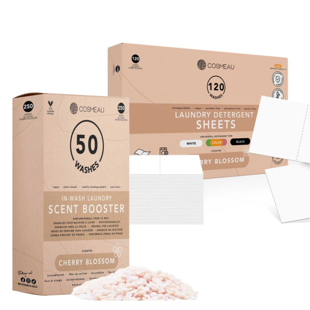 COSMEAU skalbimo rinkinys – skalbimo lapeliai CHERRY BLOSSOM + kvapiosios granulės
