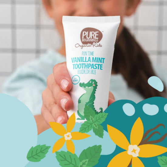 PURE BEGINNINGS dantų pasta vaikams be fluoro, VANILINĖS MĖTOS skonio, 3+